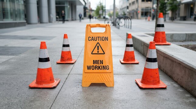 Orange caution sign with men working text, safety traffic cones on city sidewalk, urban construction site hazard warning equipment