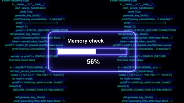 Dynamic digital memory check progress bar overlay with scrolling blue programming code background, for high-tech software, development, cyber security, analysis, and advanced, computing system