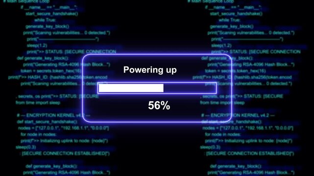 Dynamic digital progress bar loading animation overlaid on scrolling blue computer programming code background, representing system initialization, software installation, data, processing, and cyber