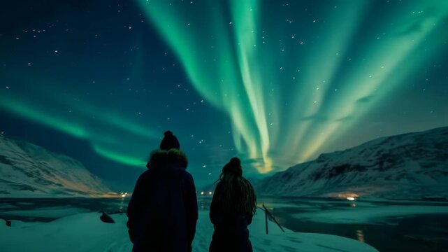 Aurora Borealis Spectacle: Two figures stand in awe beneath the mesmerizing dance of the Northern Lights.