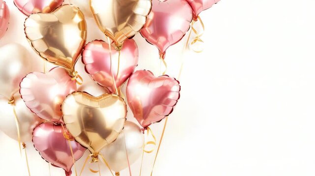 Heart-Shaped Balloons Galore: A delightful arrangement of metallic heart-shaped balloons in rose gold, pink, and white, floating upwards, perfect for celebrations and romantic gestures.