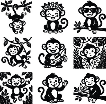 Cute monkey cartoon character silhouette vector set with playful poses for children education storybook graphic and jungle sticker design