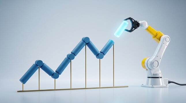 Robotic arm holding a glowing cylinder to complete a blue line chart on a grey background with manufacturing