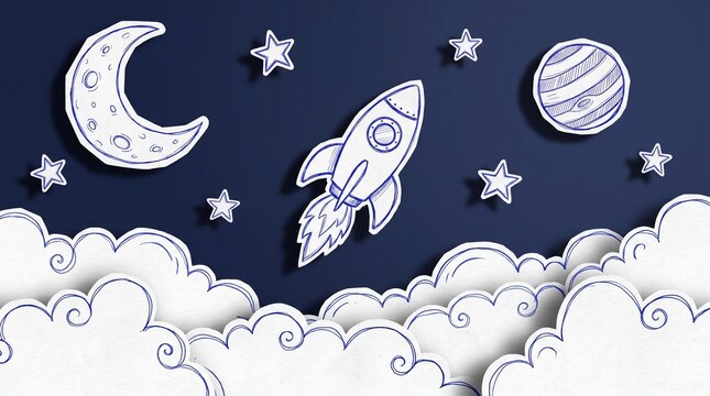 Paper cutout illustration of a rocket ship flying through space with stars with crescent moon planets clouds