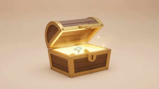 Open treasure chest with glowing light and valuable gem inside, symbolizing discovery and success.