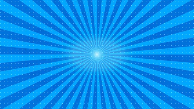 Blue comic book starburst background with radial sunburst rays and halftone dot pattern