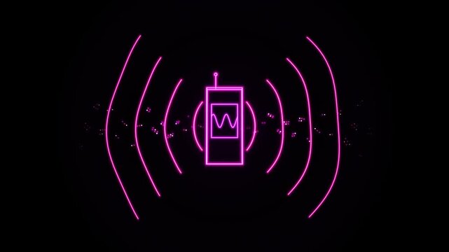 Neon pink smartphone icon sending out wireless signal waves on a dark black background representing modern mobile communication technology and data connectivity concept 4k Motion Video