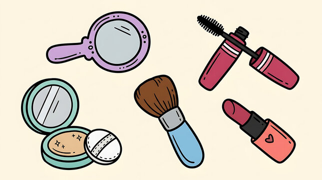 Hand drawn makeup collection featuring cosmetic tools on a light background