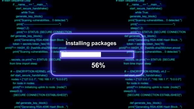Dynamic digital progress bar displaying installing packages percentage over abstract blue programming code background, for software development, cyber security, system, updates, and modern technology