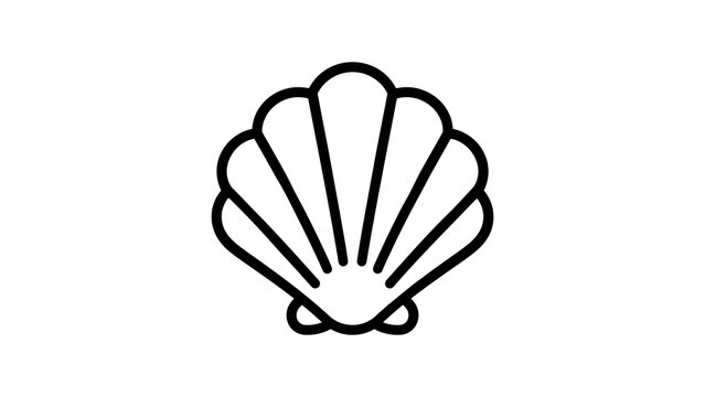Black outline scallop seashell icon on checkered background vector.