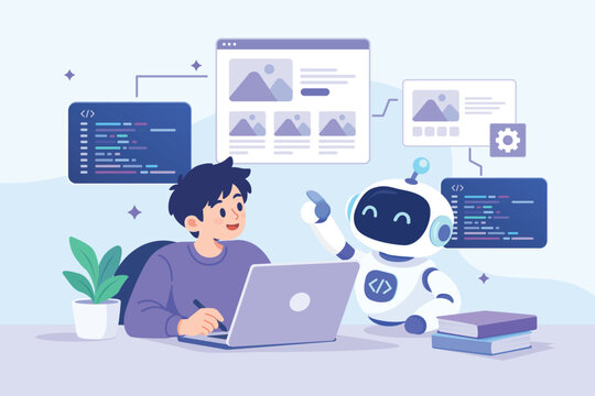 AI assistant helping programmer code website flat illustration