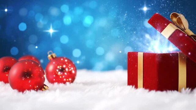 An open red gift box releasing a burst of enchanting magic light on fresh snow creates a perfect magical design for winter surprises and promotions