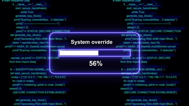 Cybersecurity system override progress bar animation with glowing neon interface overlaying complex scrolling python programming code background, for advanced digital, technology and data hacking