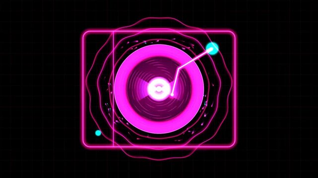 Neon pink vinyl record player dj turntable icon with glowing digital sound waves on a dark background for music event promotion and electronic dance club party design 4k Motion Video