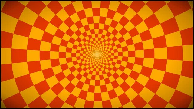 Hypnotic orange and yellow checkerboard radial background with optical illusion spiral pattern