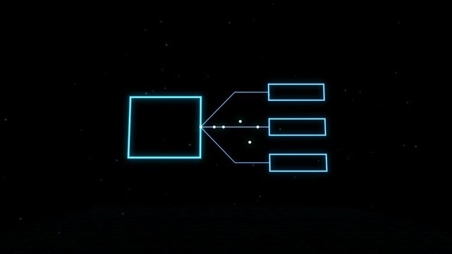 Glowing blue neon flow chart diagram showing one main box connected to three smaller boxes on a dark black background representing digital information flow and data structure 4k Motion Video