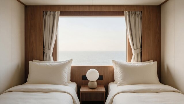 Photorealistic interior of a ferry twin cabin with wood paneling, cream linen bedding, and a large window overlooking a calm sea horizon. Modern maritime cabin and travel accommodation