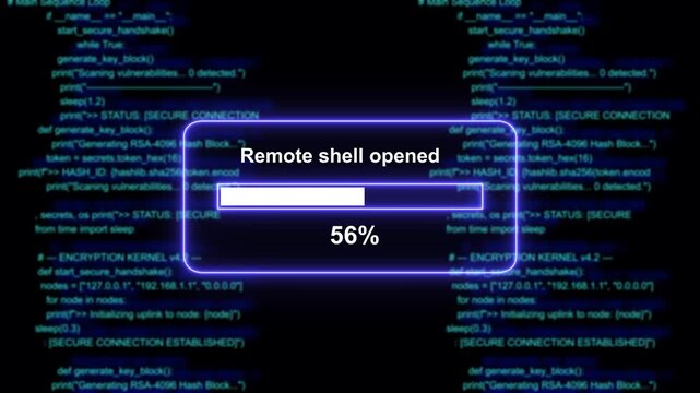 Advanced cyber security interface displaying a remote shell access loading bar overlaid on scrolling python source code for high-tech software development, network hacking, and digital encryption