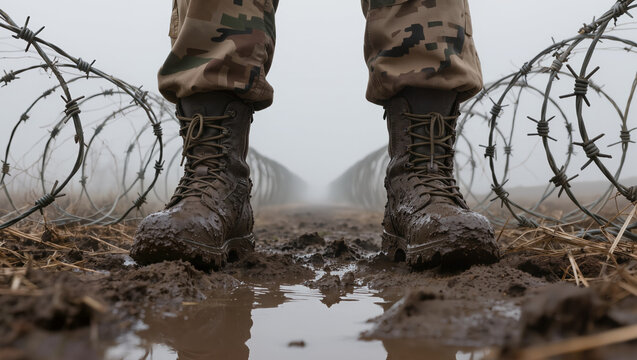 Mud-covered military combat boots standing on wet uneven ground between tangled coils of barbed wire in a foggy, desolate landscape.