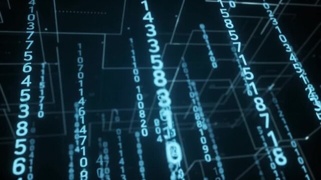 Modern Digital Data Network with Binary Code and Geometric Grid Overlay on Dark Background