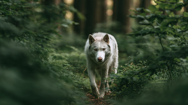 Gray wolf Canis lupus walk in green forest wilderness animal wildlife h