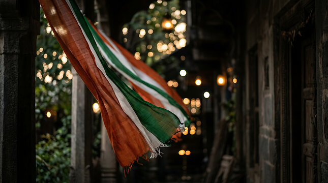 Serene street scene featuring an Indian flag waving in the night illuminated by warm lights with rustic architecture and lush