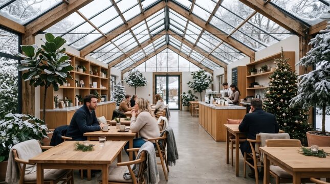 Warm and inviting winter cafe atmosphere featuring patrons savoring beverages amidst cheerful decorations in a contemporary glasshouse