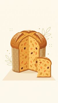Panettone sweet bread loaf with a slice cut on a light background features a traditional Italian holiday cake with dried fruits in a minimalist flat vector illustration style.