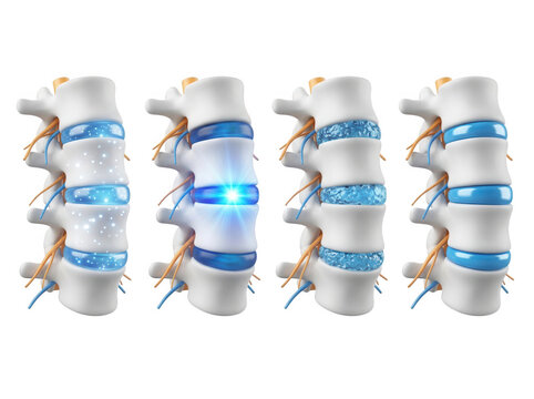 Spine disc degeneration stages diagram showing healthy and damaged intervertebral discs isolated