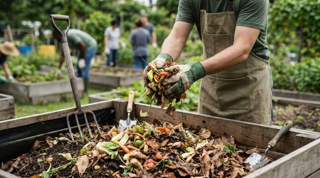 Sustainable Agriculture: Gardener composting organic matter in a community garden 