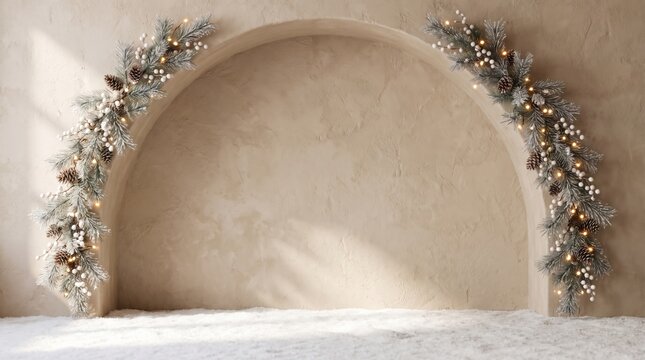 Charming winter decoration featuring pine cones and twinkling lights creating a beautiful archway against a gentle backdrop