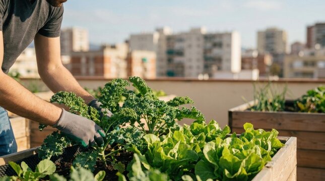 Urban Gardening: Gardener growing fresh vegetables on a rooftop garden 