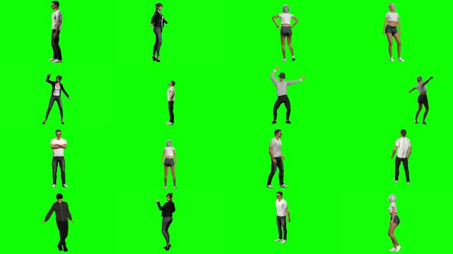 Stealthy 3D characters tiptoeing cautiously, sneaking softly, and balancing carefully against chroma green backdrop, tailored for thrilling suspense films, crime sequences, and video gaming.