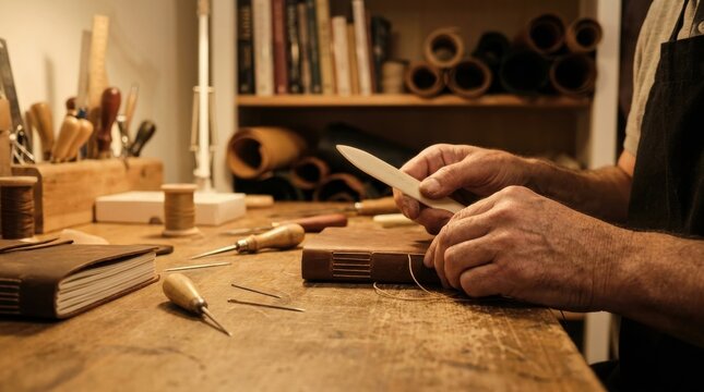 Craftsmanship Concept: Artisan binding a leather book inside a creative workshop 