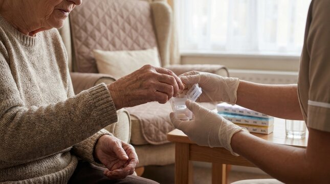 Daily Support: Older adult receiving medication assistance in a residential setting 