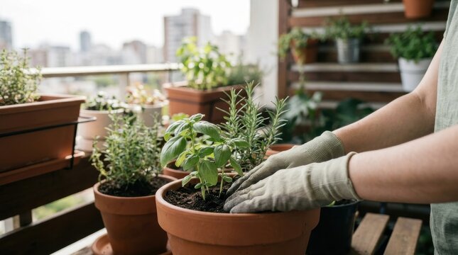 Green Living: Resident planting fresh herbs on a city balcony 