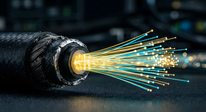 Fiber Optic Submarine Cable Cross Section with Glowing Lights for Digital Silk Road Concept