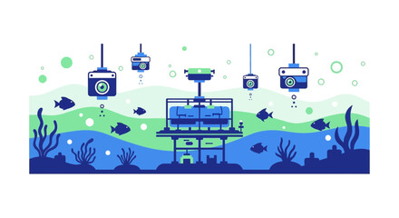 Fototapeta premium Underwater Marine Research Station and Ocean Monitoring System with Cameras and Sensors Flat Vector Illustration