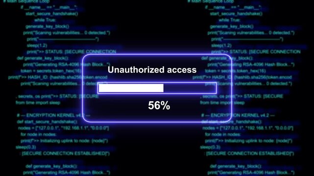 Dynamic cyber security breach simulation featuring unauthorized access warning message with progress bar loading animation over scrolling blue programming code background, for advanced digital