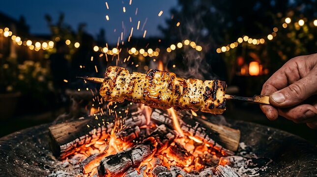 Grilled cheese skewer cooking over an open fire at night
