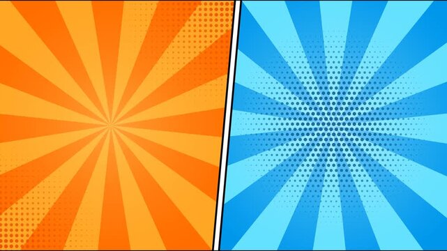Comic book versus screen background with orange and blue sunburst rays and halftone pop art pattern