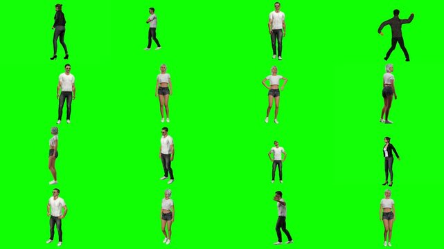 Acrobatic 3D figures executing inverted handstands, athletic flips, and balance maneuvers over a solid green chroma screen, perfect for extreme sports commercials, gymnastics, and VFX clips.