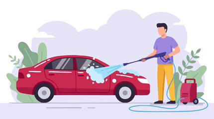 Fototapeta premium Man washing red car with pressure washer, home auto care concept