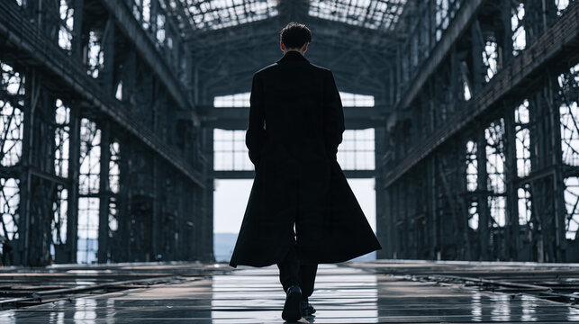A man in a long dark coat walk through a vast abandoned industrial hall