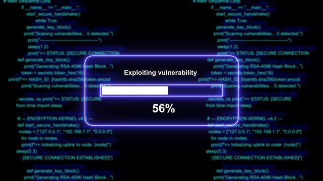 Cyber security threat simulation featuring an exploit vulnerability progress bar overlaid on scrolling python programming code for advanced network hacking, data breach, and digital warfare concepts