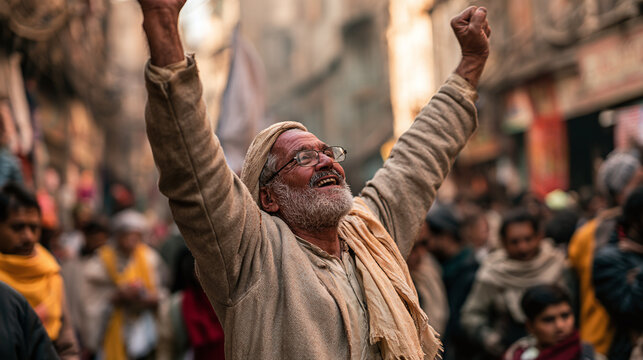 Joyful elderly man raises arms in celebration amid a bustling crowd str
