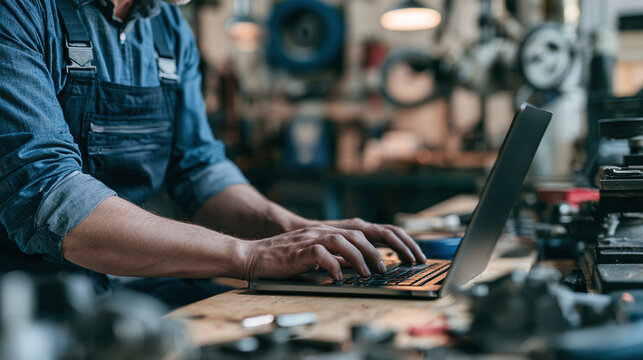 Skilled worker in workshop manage inventory stock on modern laptop computer