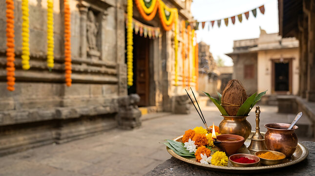 Traditional Indian ceremonial setup with vibrant marigold decorations and sacred offerings arranged on a metal tray in an