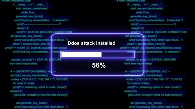 Cybersecurity threat simulation featuring a dynamic progress bar indicating a ddos attack installation process over a complex scrolling blue digital source code background, for advanced network