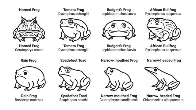 A Collection of Amphibians: An informative infographic showcasing eight distinct frog species, each labeled with its common and scientific name, illustrating diversity in form and feature.